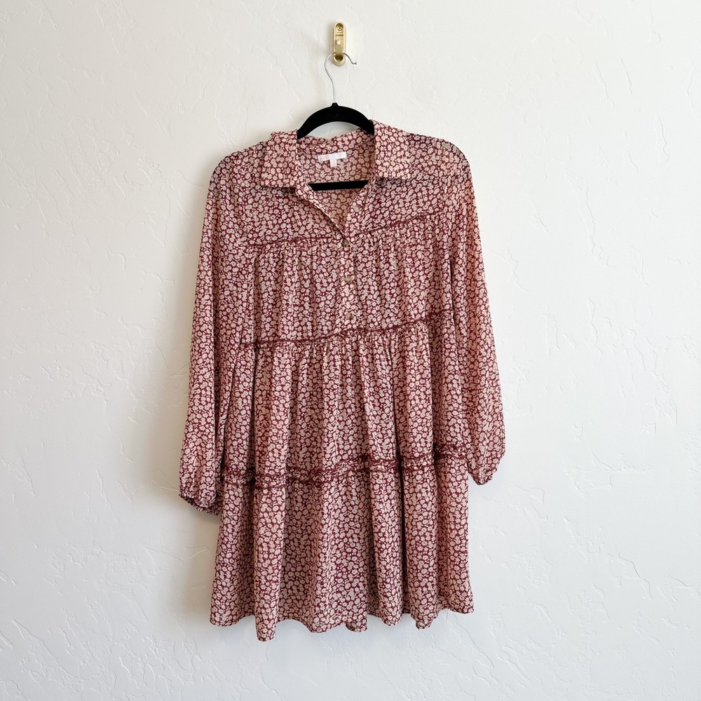 GB |‎ Floral Collared Tiered Long Sleeve Mini Dress in Red